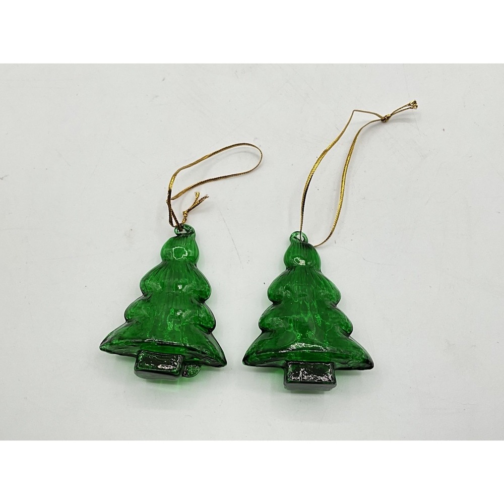 Vintage Handblown Green Glass 2.25" Christmas Tree Shaped Ornaments Set/2 VGUC